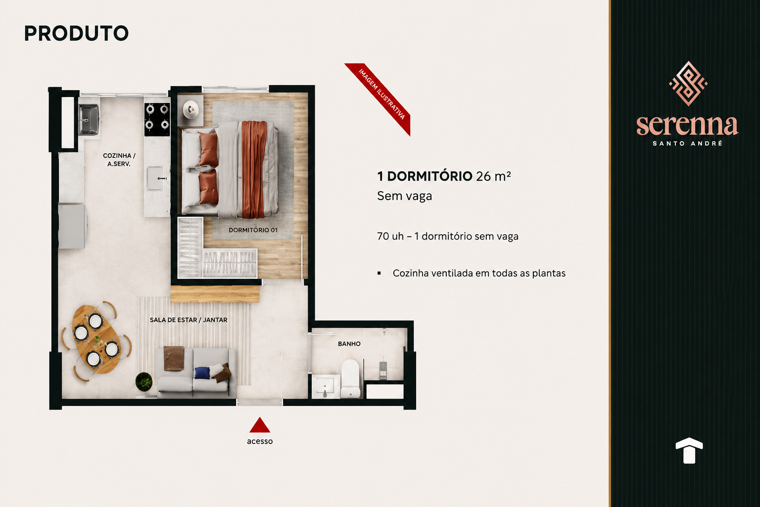 Planta ilustrativa do apartamento de 1 dormitório