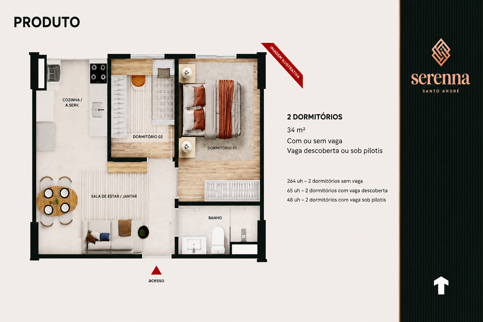 Planta ilustrativa do apartamento de 2 dormitórios do Serenna Santo André