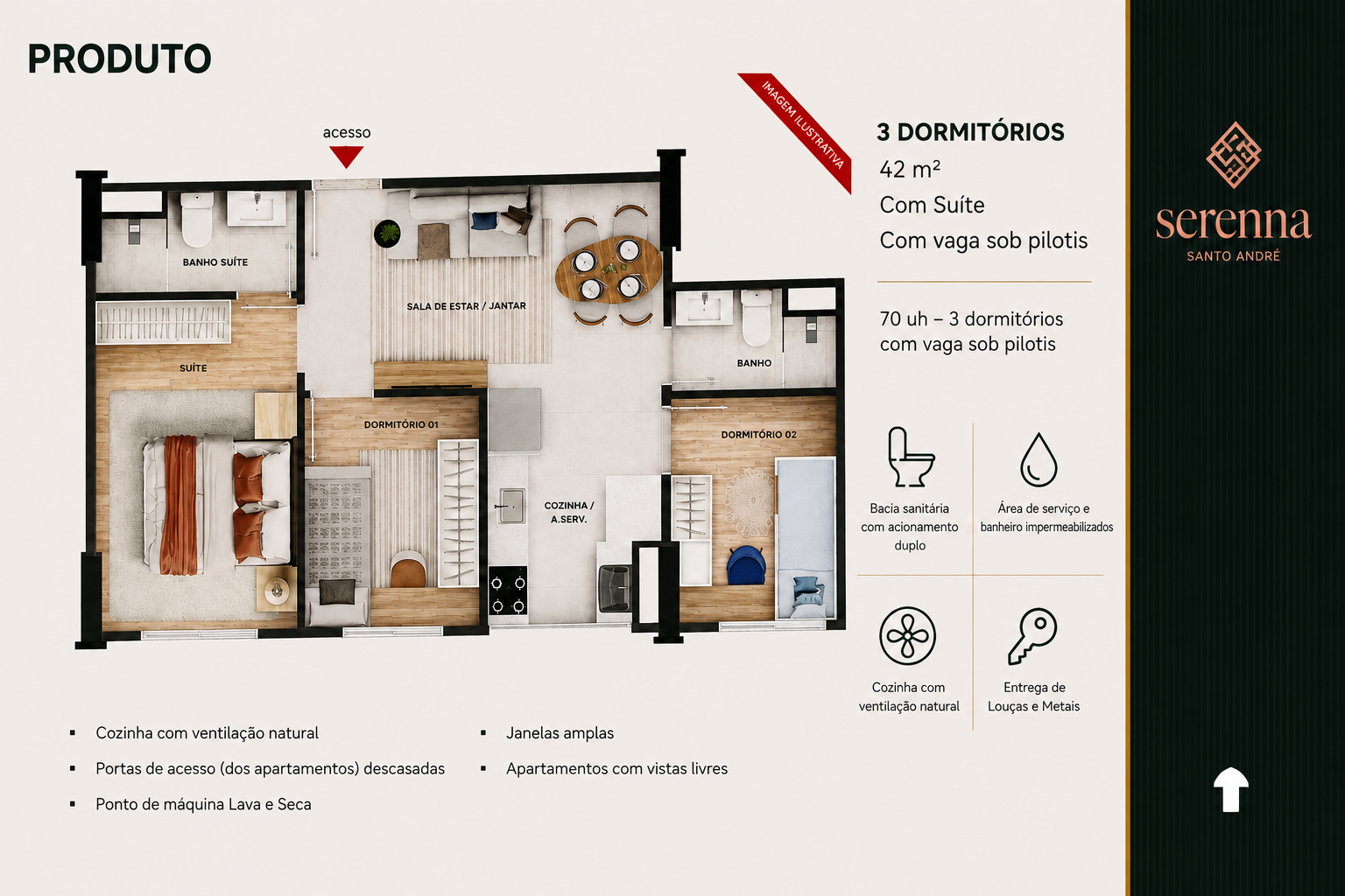 Planta ilustrativa do apartamento de 3 dormitórios do Serenna Santo André